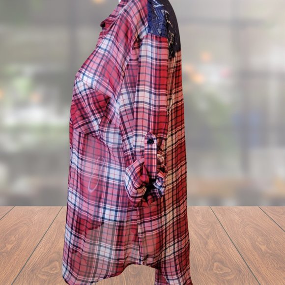 Xhilaration red and navy plaid sheer, long sleeved button-up shirt. - Picture 8 of 8